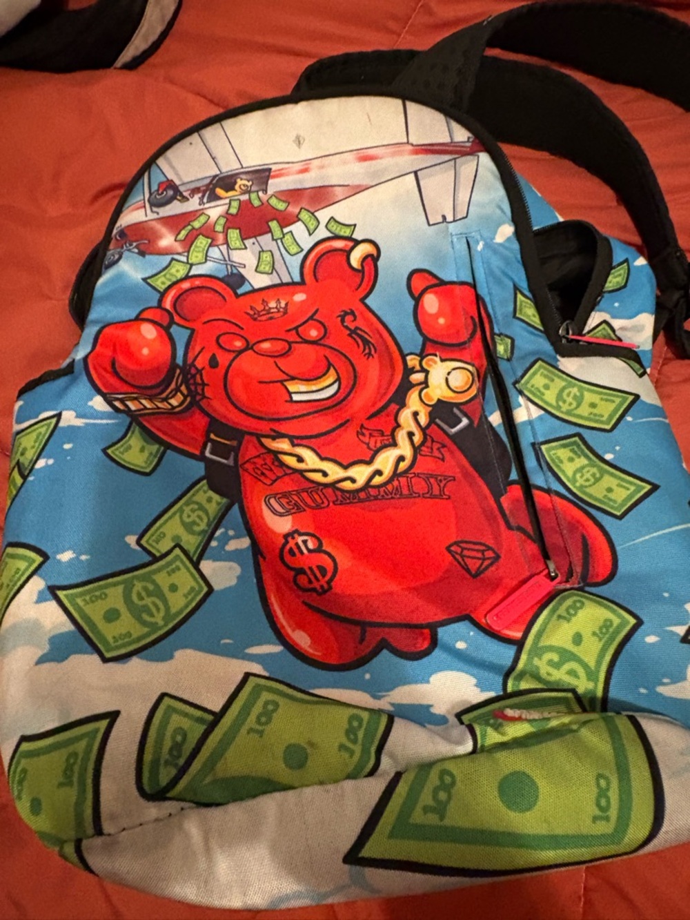Sprayground Red Bear Graphic Backpack with Blue and Green Accents